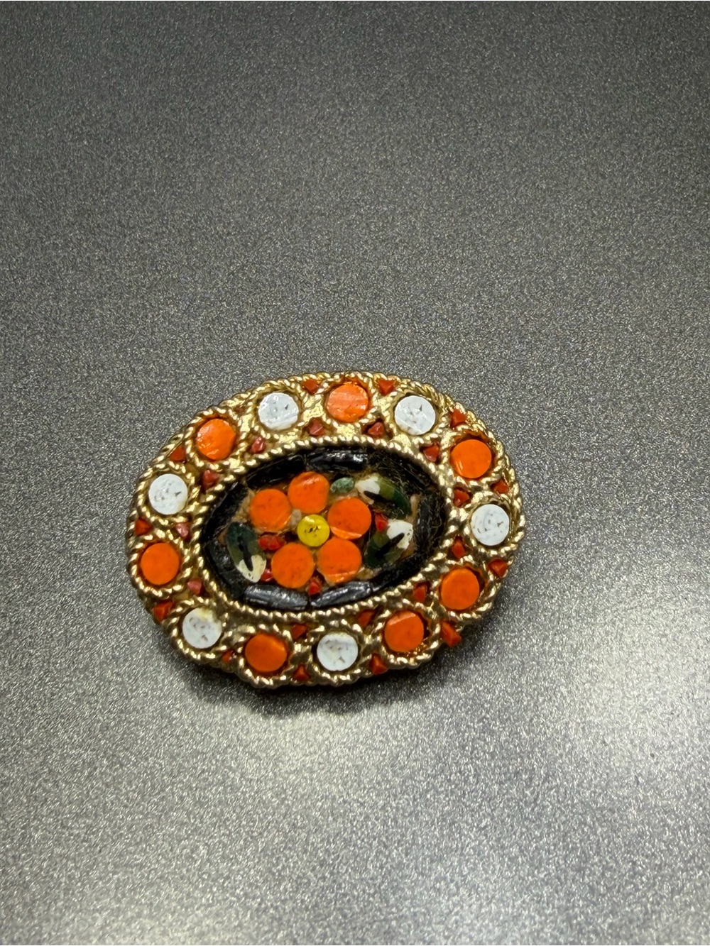 Vintage  Orange Mosaic Floral Brooch #20mo